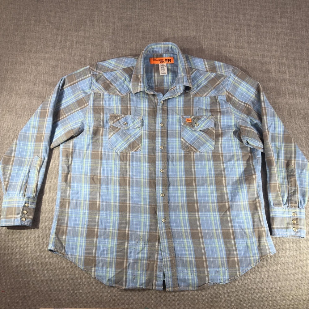 Wrangler FR Shirt Mens 2XL Blue Plaid Western Pearl Snap Long Sleeve Workwear